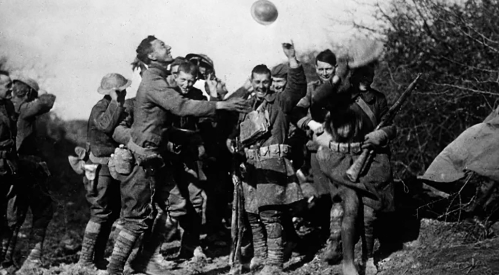 U.S. Soldiers celebrate the armistice that ended World War I, Nov. 11, 1918.