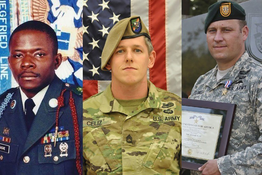 Army Sgt. 1st Class Alwyn Cashe, left, Army Sgt. 1st Class Christopher Celiz, center, and Army Master Sgt. Earl Plumlee will receive the Medal of Honor during a ceremony at the White House, Dec. 16, 2021.