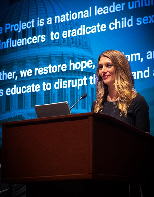 Kristi Wells, Safe House Project CEO delivers address at the United States Capitol building in January of 2020