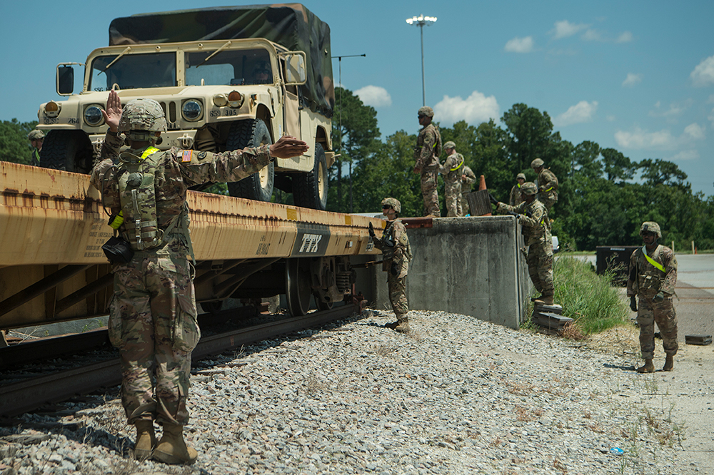 Soldiers from Fort Bragg, N.C., direct a Humvee onto a railcar during Exercise Dragon Lifeline at Joint Base Charleston’s Naval Weapons Station, S.C., Aug. 7, 2019. The readiness exercise included service members from Fort Bragg; Joint Base Charleston, S.C.; and Joint Base Langley-Eustis, Va. It focused on the rapid deployment of equipment, vehicles and personnel. Participants shared knowledge and tested their efficiency in moving assets by air, land, rail and sea during the training event.