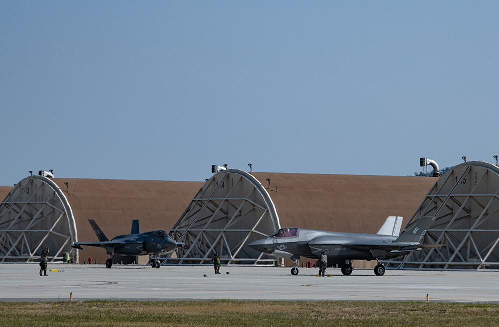 Marine Corps F-35 Lightning IIs from Iwakuni, Japan, park at Kunsan Air Base, South Korea, Oct. 31, 2022. The aircraft traveled to Kunsan as a part of the Pacific Air Forces command sponsored Vigilant Storm 23 exercise.