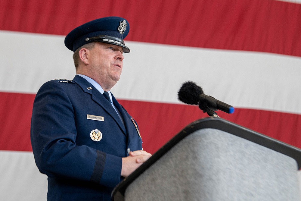 Lt. Gen. Tony Bauernfeind addresses an audience during the Air Force Special Operations Command change of command ceremony at Hurlburt Field, Florida, Dec. 9, 2022. During the ceremony, Lt. Gen. Tony Bauernfeind assumed command of AFSOC from U.S. Air Force Lt. Gen. Jim Slife. © U.S. Air Force Photo by Airman 1st Class Alysa Knott