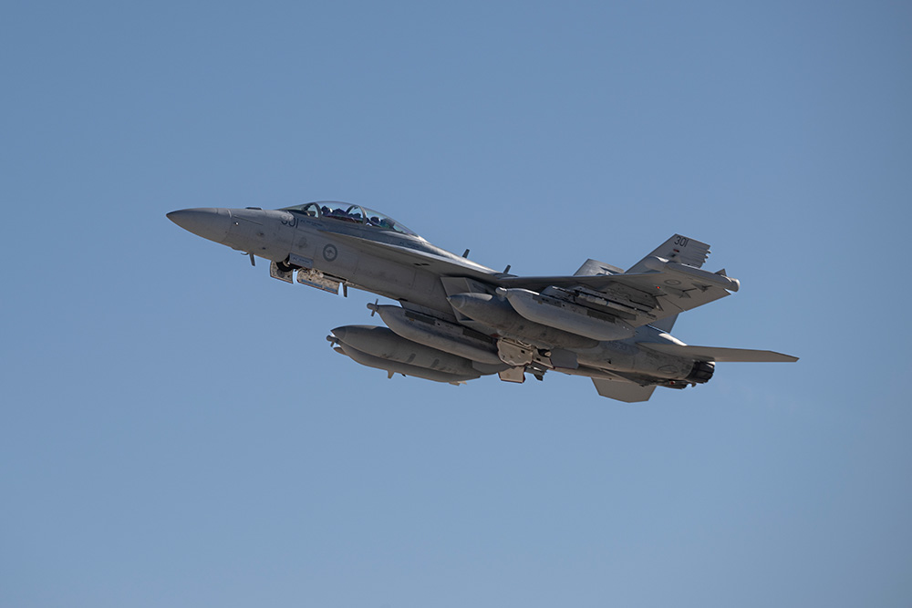 An EA-18G Growler with the 82nd Wing, Royal Australian Air Force, Amberley, Australia, takes off for a mission during Exercise Red Flag 23-1 at Nellis Air Force Base, Nev., Jan. 24, 2023. © William R. Lewis, Air Force