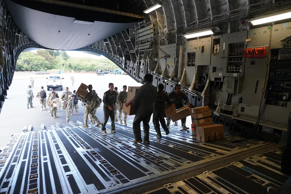 The Hawaii Air National Guard provided airlift for about 100 Hawaii Army National Guard soldiers, Aug. 15, 2023. The flight also contained medical supplies and equipment to support in Lahaina, Maui, Hawaii following devastating wildfires.