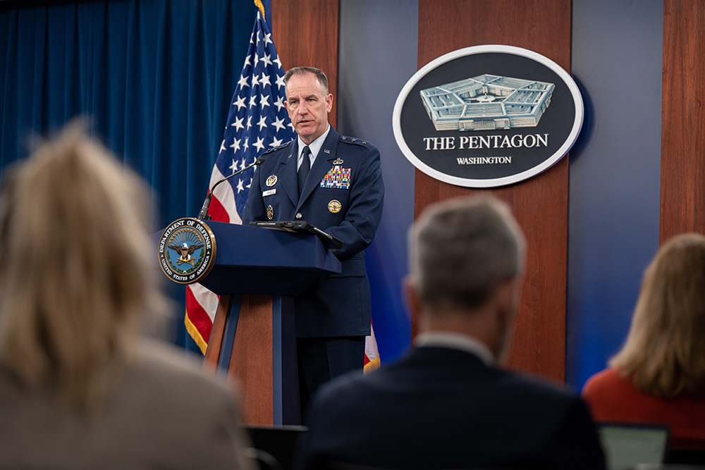 Pentagon Press Secretary Air Force Maj. Gen. Pat Ryder conducts a media briefing at the Pentagon, March 5, 2024. © Joseph Clark