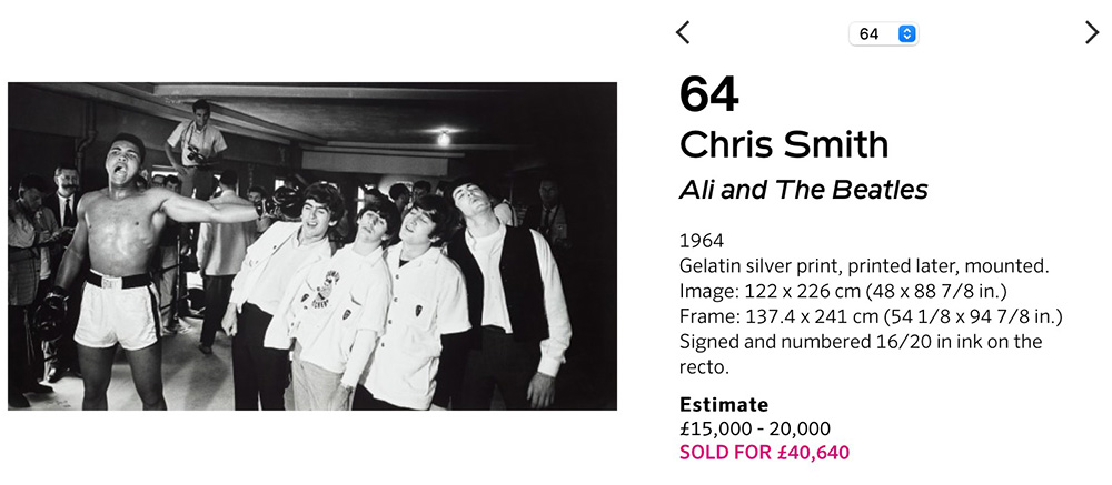 Last year’s Phillips London auction, showcasing ‘Ali and The Beatles’ for £40,640