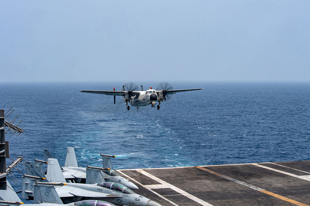 A C-2A Greyhound aircraft lands on the flight deck of the USS Theodore Roosevelt, July 22, 2024. © Navy