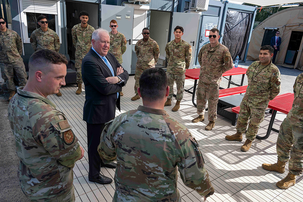 Secretary of the Air Force Frank Kendall meets with U.S. Air Force Airmen assigned to the 52nd Operations Group, Detachment 1, at Łask Air Base, Poland, Aug. 24, 2024. During his visit, Kendall expressed appreciation for members assigned to Det. 1 for their efforts to foster bilateral defense ties, enhance regional security and increase interoperability among NATO allies. © Senior Airman Jessica Sanchez-Chen