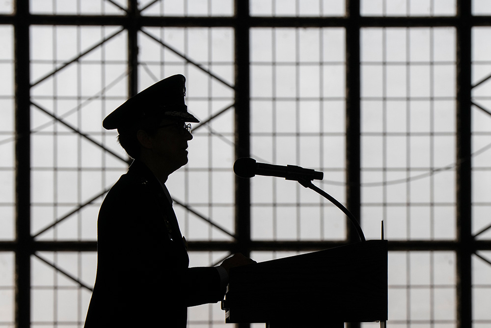 Outgoing Commander of U.S. Transportation Command U.S. Air Force Gen. Jacqueline Van Ovost delivers remarks at the U.S. Transportation Command change of command ceremony, hosted by Secretary of Defense Lloyd J. Austin III, at Scott Air Force Base, Ill., Oct. 4, 2024. © Navy Petty Officer 1st Class Alexander Kubitza