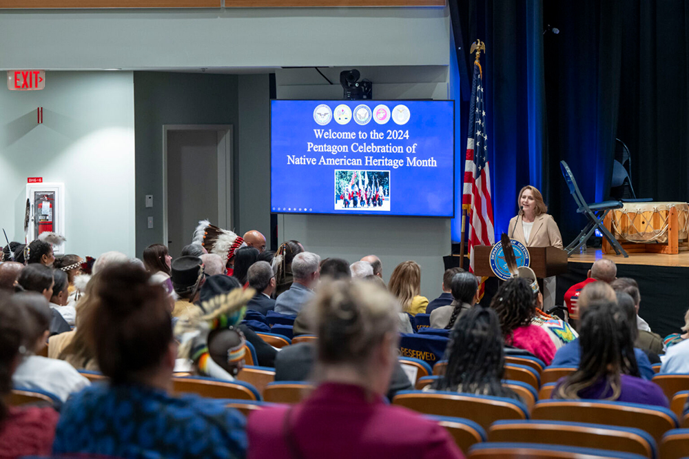 Deputy Defense Secretary Kathleen H. Hicks speaks at the Native American Heritage Month Celebration at the Pentagon, Nov. 20, 2024. © Air Force Senior Airman Madelyn Keech