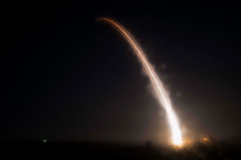 An unarmed Minuteman III intercontinental ballistic missile launches during an operational test at Vandenberg Air Force Base, Calif., May 1, 2019. © Air Force Airman 1st Class Aubree Milks