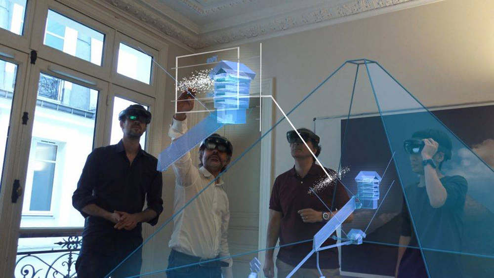 ScanPyramids team members use augmented reality technology to visualize hidden structures inside the Great Pyramid of Giza. © HIP Institute / ScanPyramids