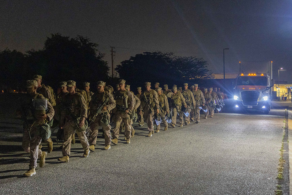 Marines assigned to protect federal personnel and property arrive in the greater Los Angeles area, June 9, 2025. © Marine Corps Cpl. Juan Torres