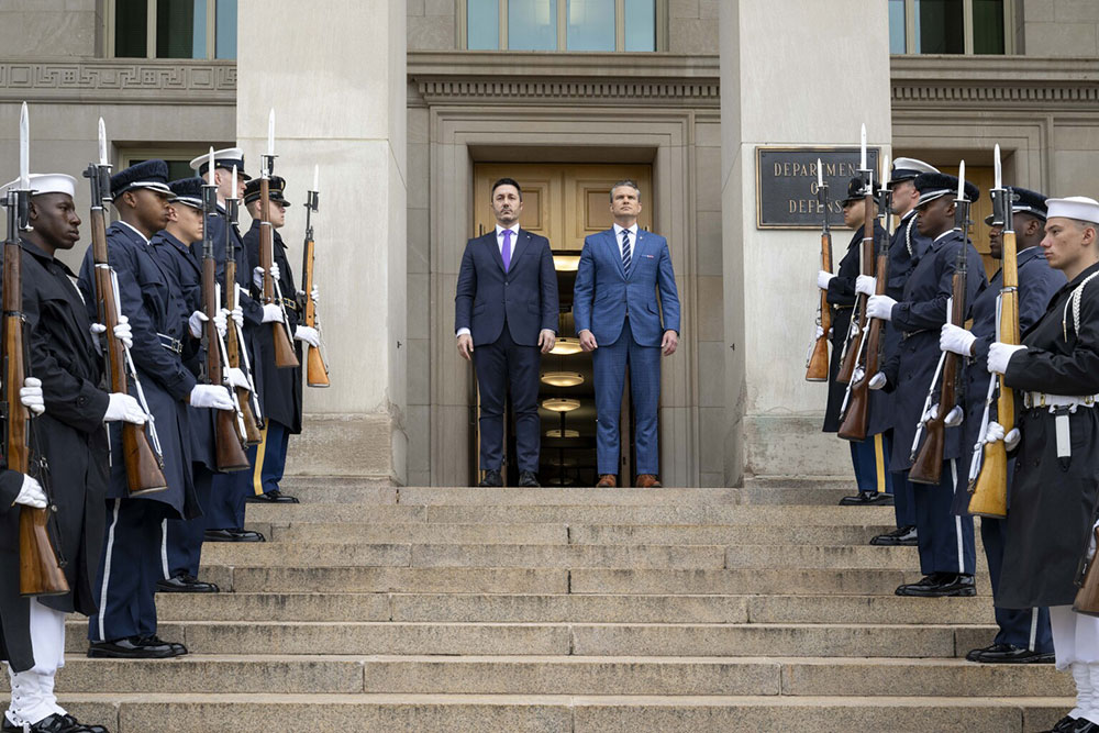 Defense Secretary Pete Hegseth and Argentine Defense Minister Luis Petri stand for the playing of the U.S. and Argentine national anthems...
</p srcset=
