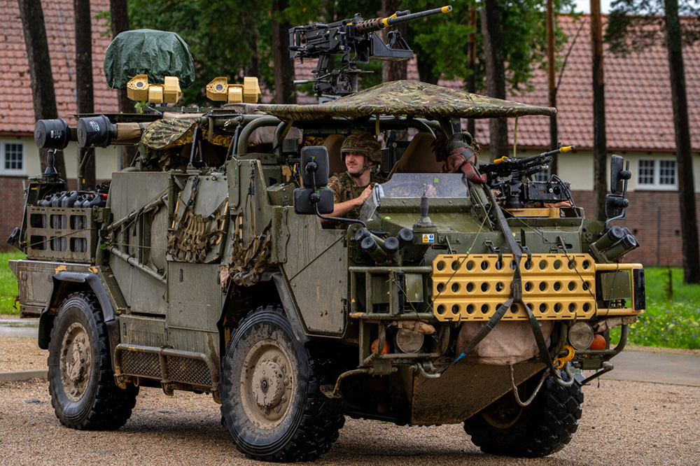 Army Stryker M1127 reconnaissance vehicles, assigned to Lightning Platoon, 3rd Squadron, 2nd Cavalry Regiment, are staged to demonstrate counter-unmanned aerial system capabilities during the static display portion of Project Flytrap 4.0 at Bemowo Piskie Training Area, Poland, July 29, 2025. © Army Sgt. Alejandro Carrasquel